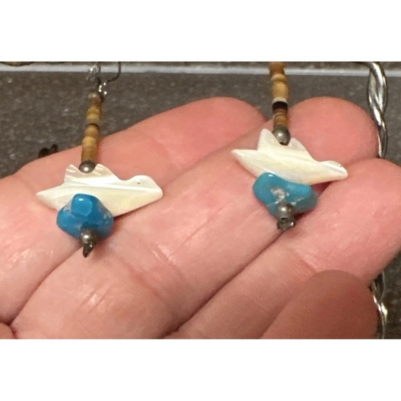 Southwestern Dove Shell Turquoise Dangle Heishi Bead Earrings 2" Handmade USA - Picture 5 of 8